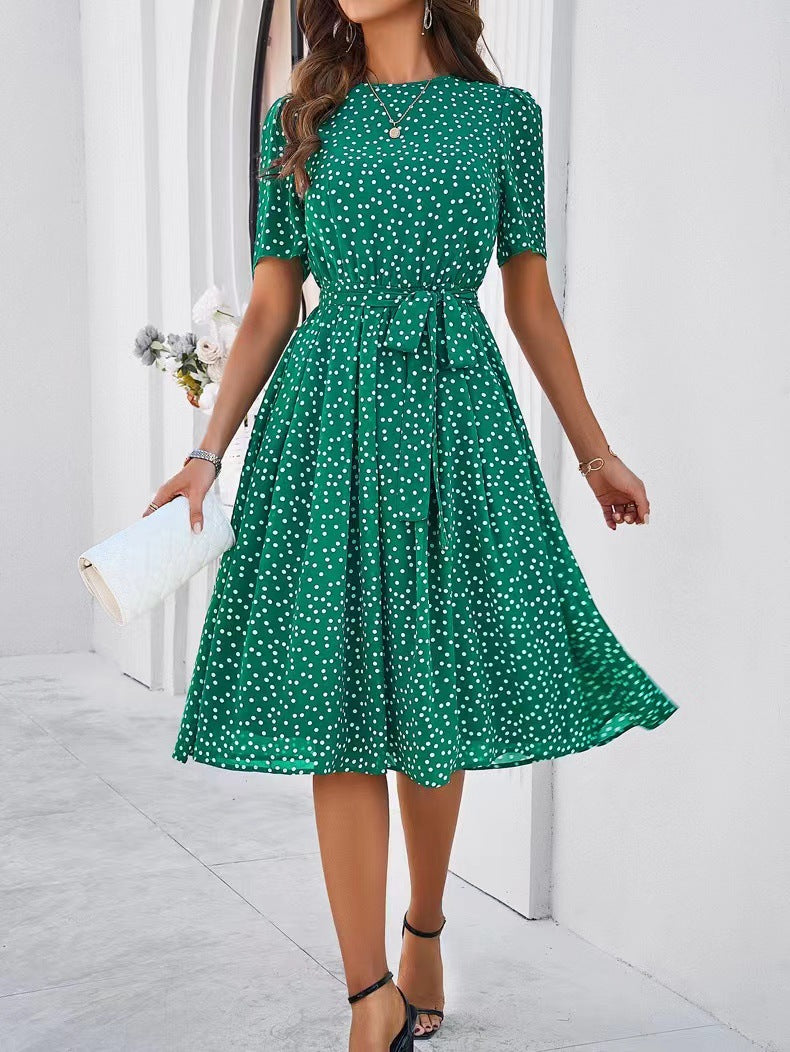 Damen Midikleid mit Punktedesign und Taillengürtel