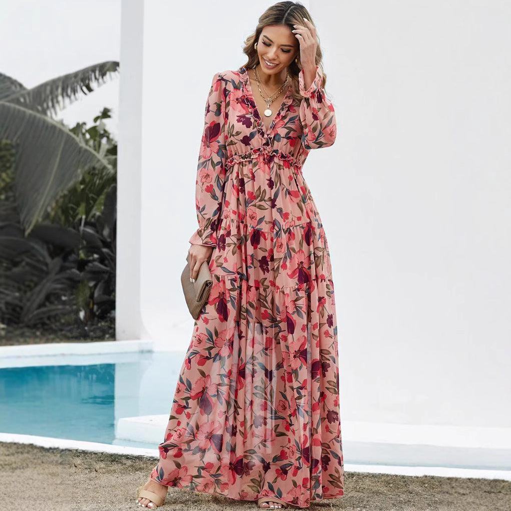 Damen Maxikleid Floraler Druck V-Ausschnitt Eveloria - Eveloria