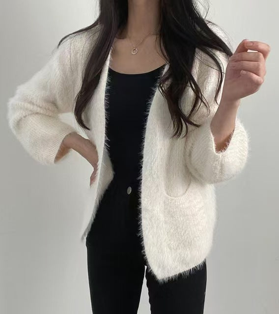 Damen Flauschstrickjacke Offene Front Praktische Taschen Grau
