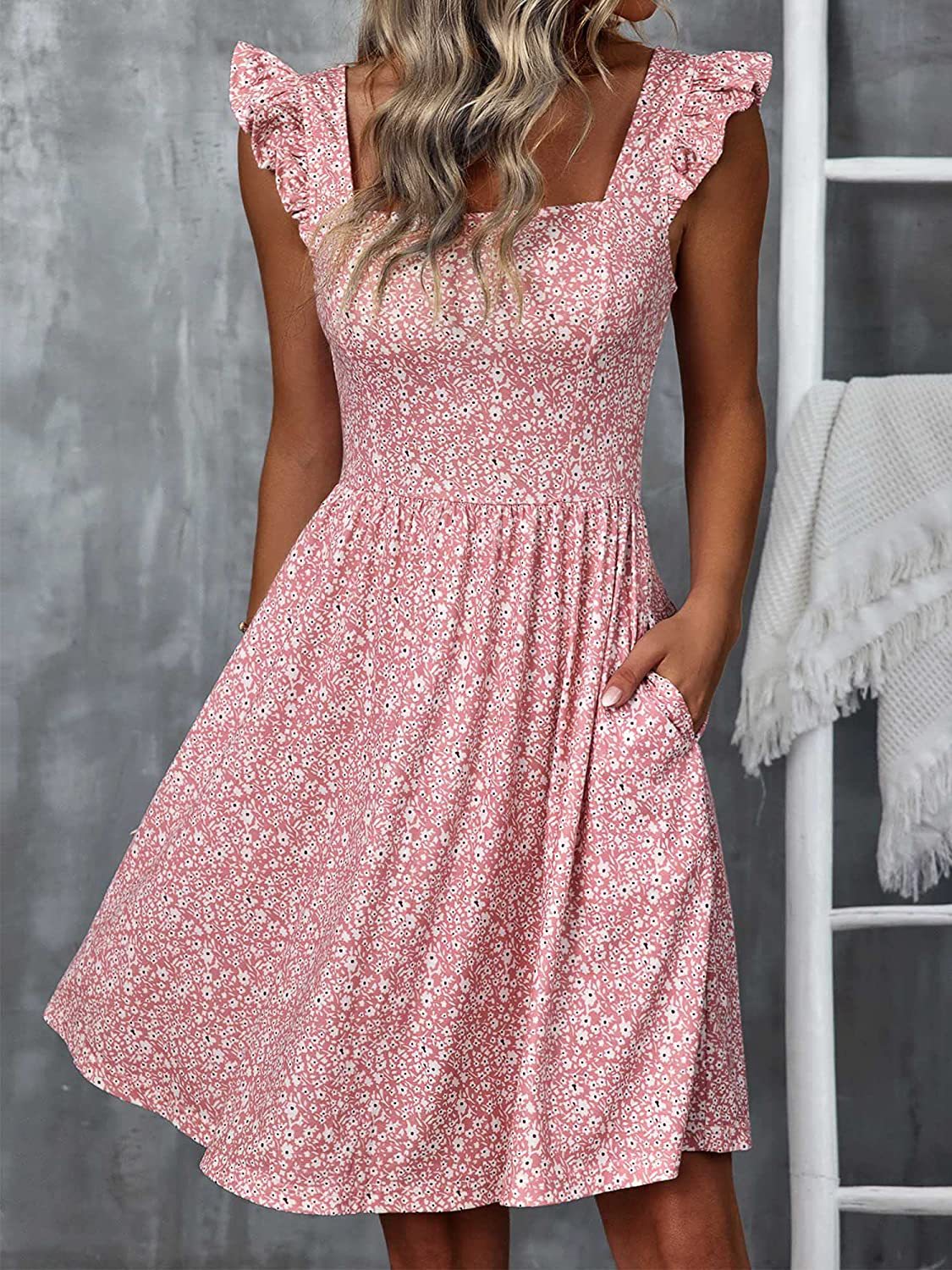 Damen Sommerkleid Rüschenärmel Schlitz Eveloria