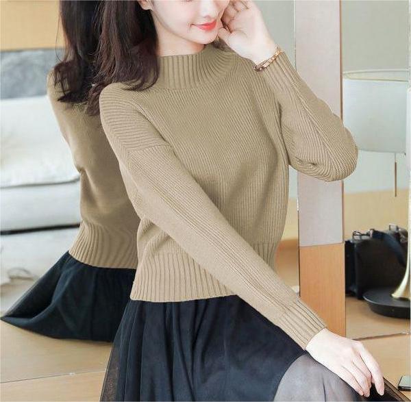 Damen Strickpullover Hochkragen Rippdetails Beige Eveloria