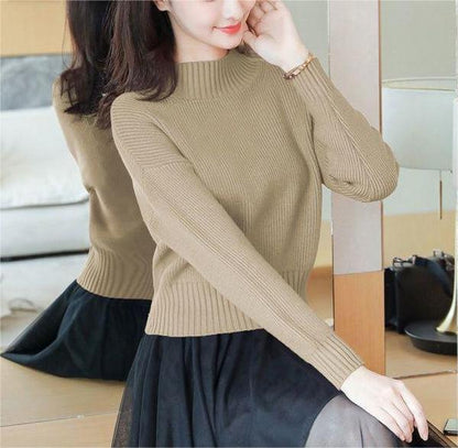 Damen Strickpullover Hochkragen Rippdetails Beige Eveloria