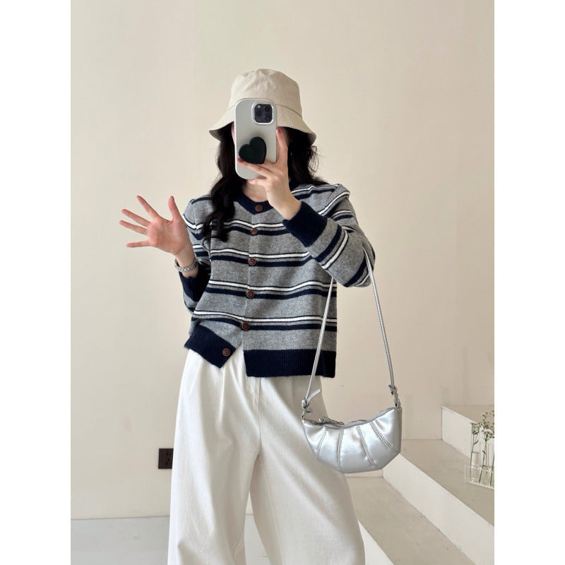 Damen Cardigan Streifenmuster Knöpfe Beige