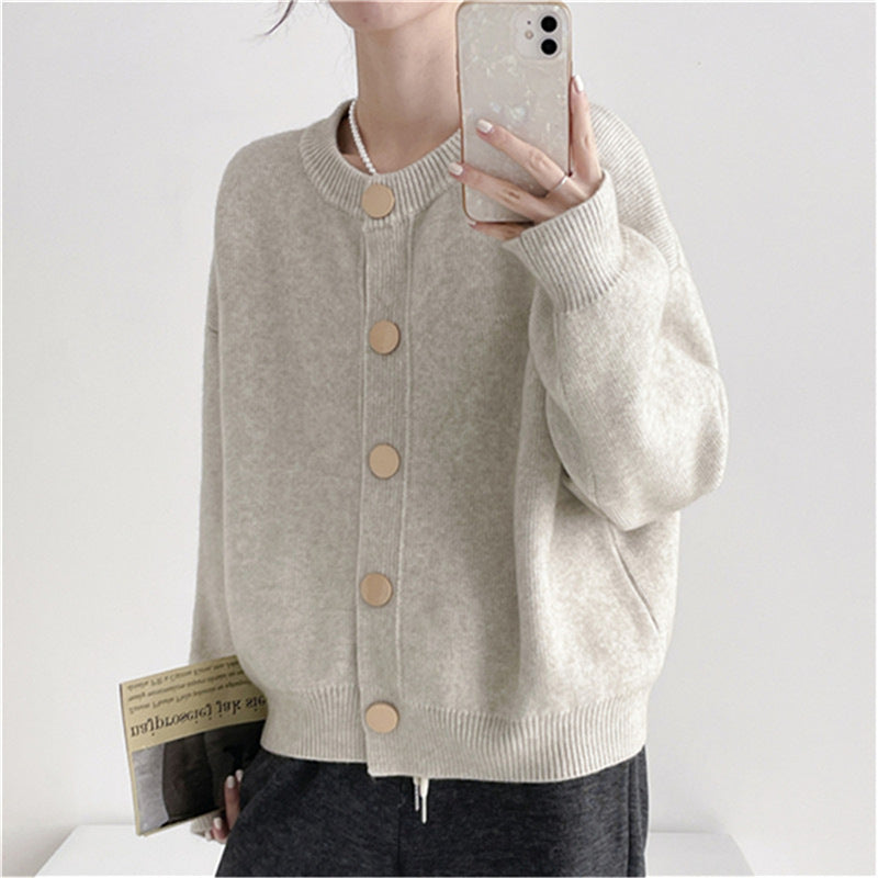 Damen Strickjacke Großknöpfe Lässiger Schnitt Beige Eveloria