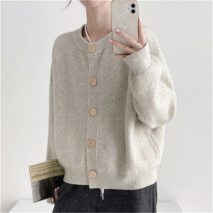 Damen Strickjacke Großknöpfe Lässiger Schnitt Beige Eveloria
