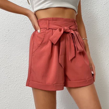 Damen High-Waist-Shorts mit Schleifenbindung und Taschen Schwarz - Eveloria