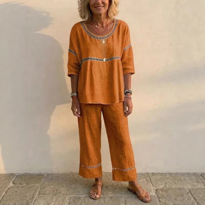 Damen Loungewear-Anzug Leinen Luftig Spitze Beige