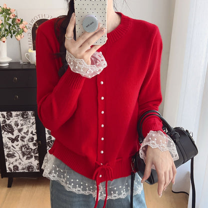 Damen Strickjacke Rüschendetails Perlenknöpfe Eveloria