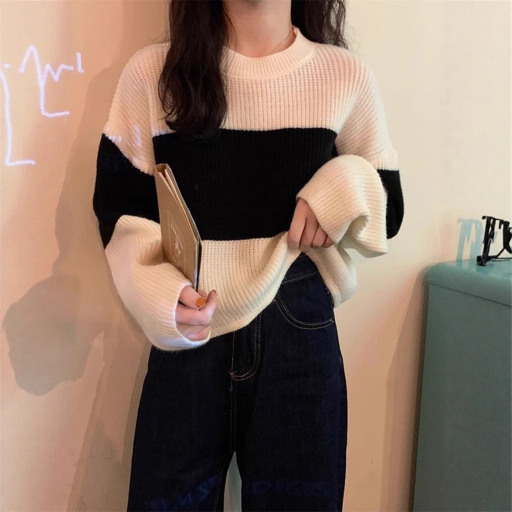 Damen Grobstrickpullover Modernes Farbblockdesign