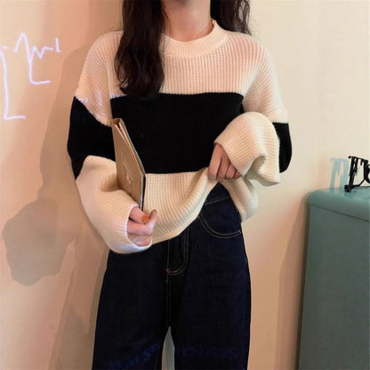 Damen Grobstrickpullover Modernes Farbblockdesign