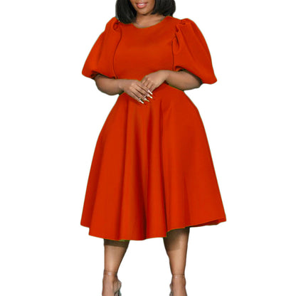 Damen Midikleid Voluminöse Puffärmel Schwingender Rock Eveloria