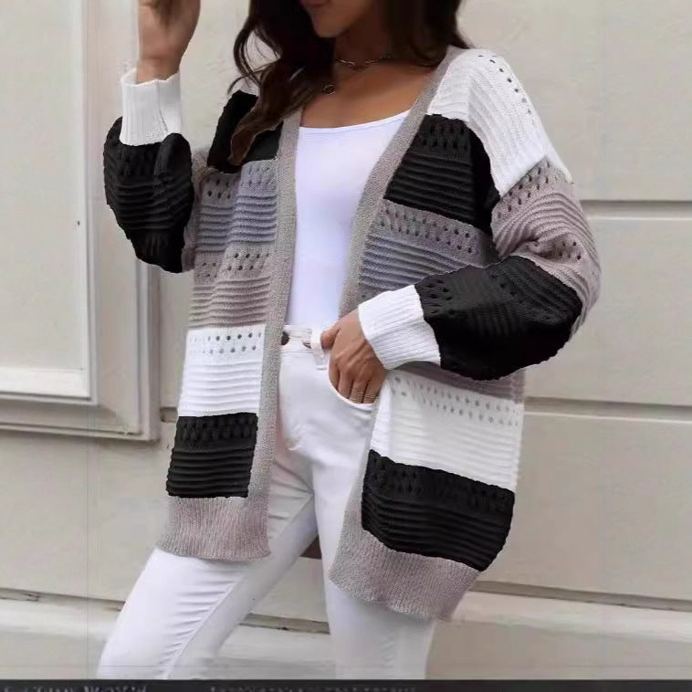 Damen Strickcardigan Groß Lochmuster Farbblockdesign Eveloria