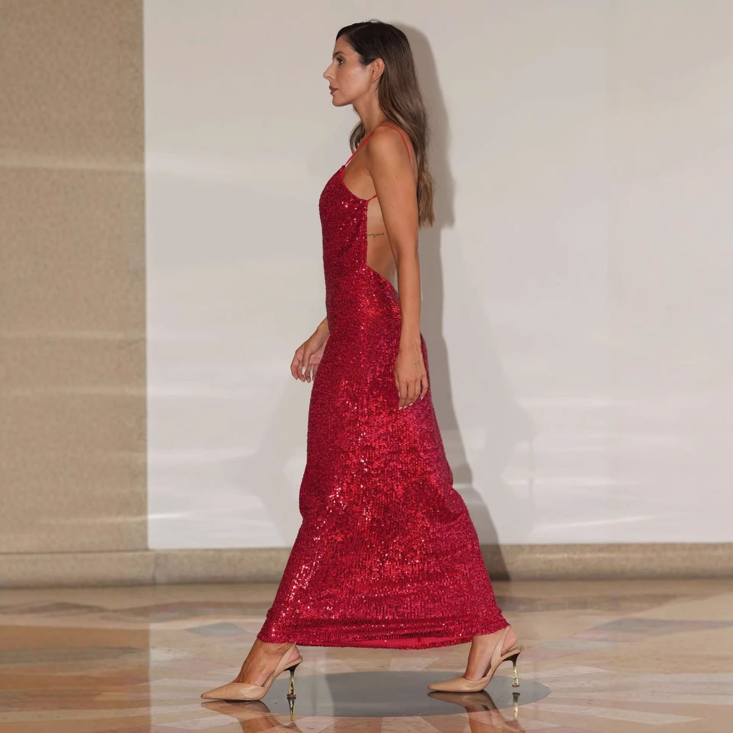 Damen Abendkleid Glitzer Pailletten V-Ausschnitt Eveloria