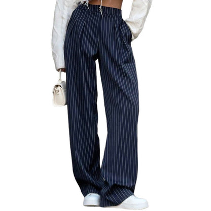 Damen Stoffhose Weit Nadelstreifen Elastischer Bund Beige