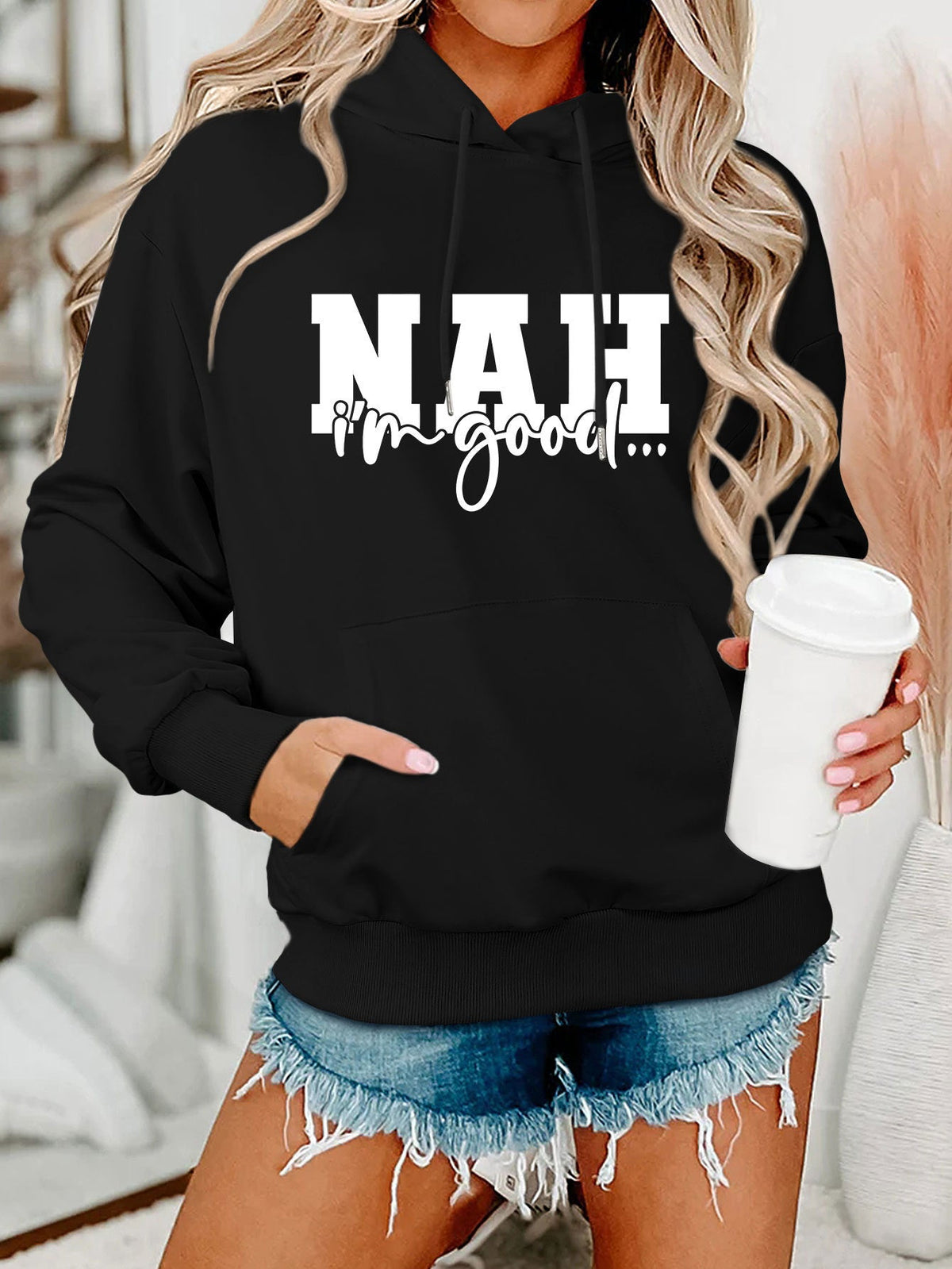 Damen Kapuzenpullover Bequem Motivierender Schriftzug Grau