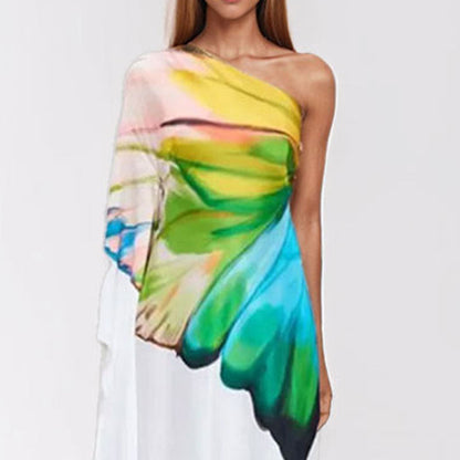 Damen Maxikleid Asymmetrisch Künstlerdruck Eveloria