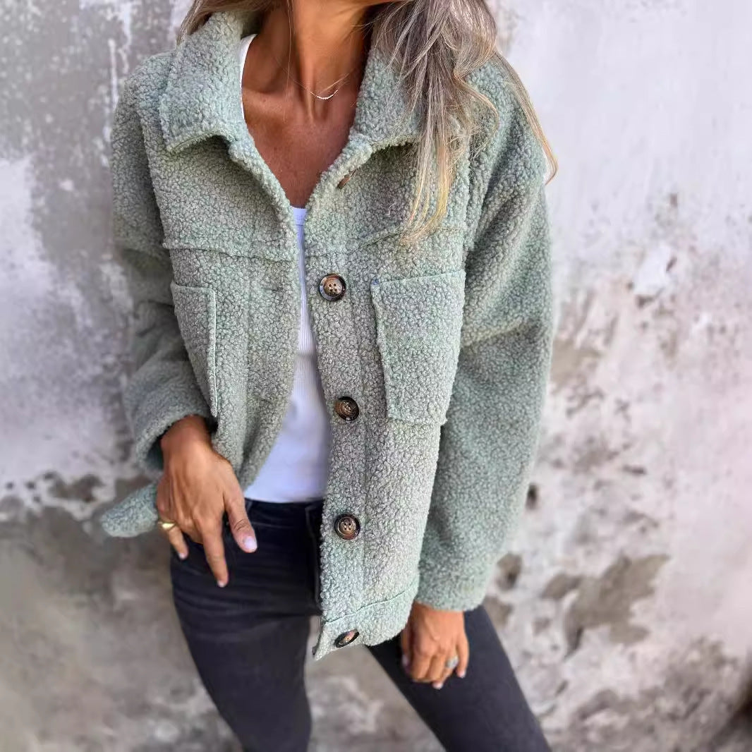 Damen Oversized-Jacke Flauschig mit Taschen und Knöpfen