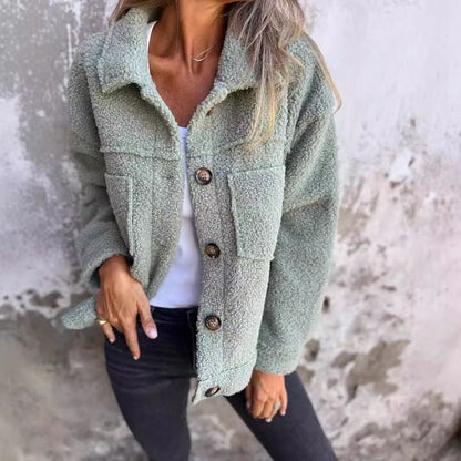 Damen Oversized-Jacke Flauschig mit Taschen und Knöpfen