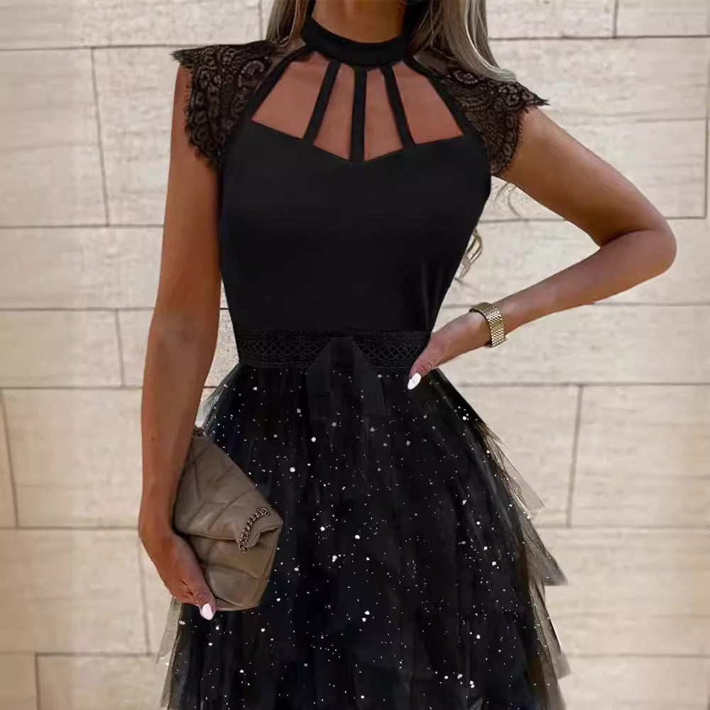 Damen Cocktailkleid Spitze Glitzernd Tüll Eveloria