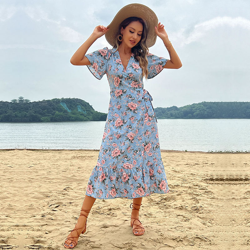 Damen Maxikleid Floral Rüschensaum