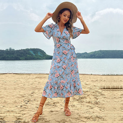 Damen Maxikleid Floral Rüschensaum