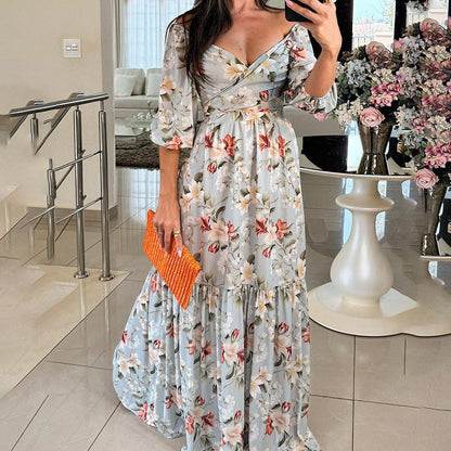 Damen Maxikleid Schulterfrei Rüschensaum Floral