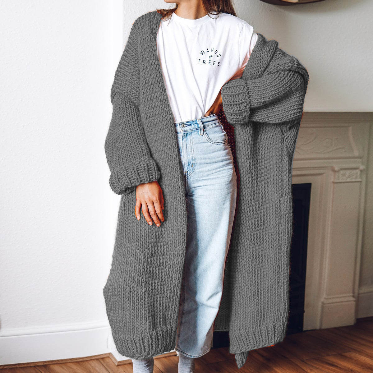 Damen Oversized Cardigan Grobstrick Komfort Taschen Beige