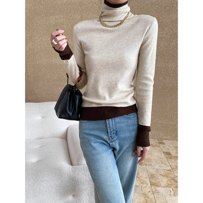 Damen Rollkragenpullover Kontrastärmel Eveloria