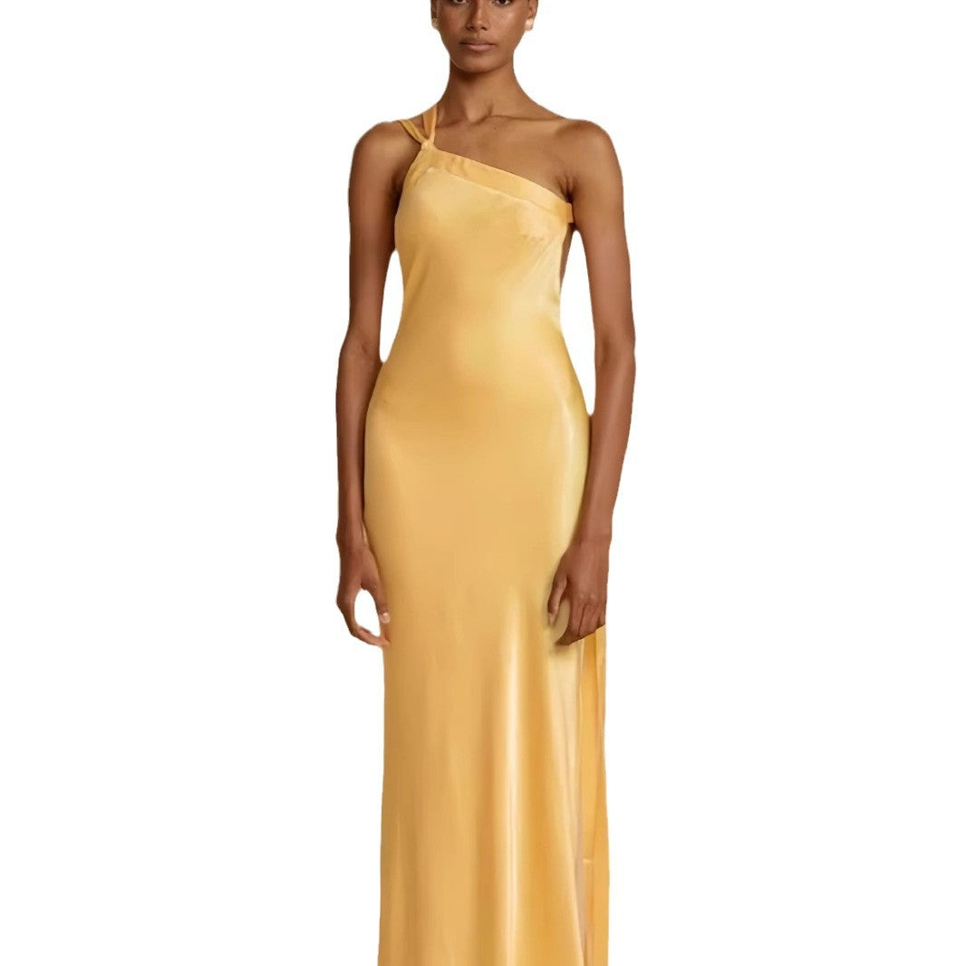 Damen Maxikleid Asymmetrisches Halterdesign Satin Schimmernd