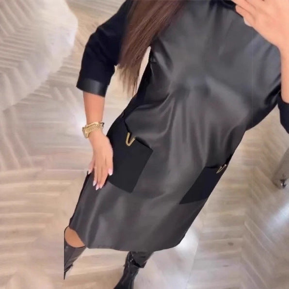 Damen Lederkleid Elegantes Design Reißverschlusstaschen