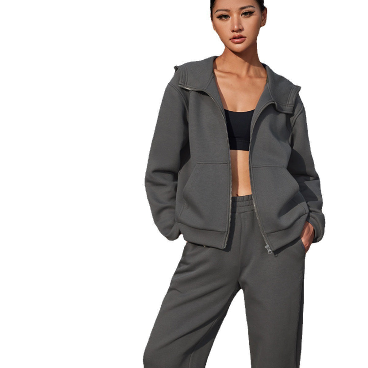 Damen Fleece-Set Sportlich Hochkragen Praktische Taschen