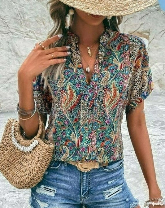 Eveloria Damen Bluse V-Ausschnitt Gedruckt - Eveloria