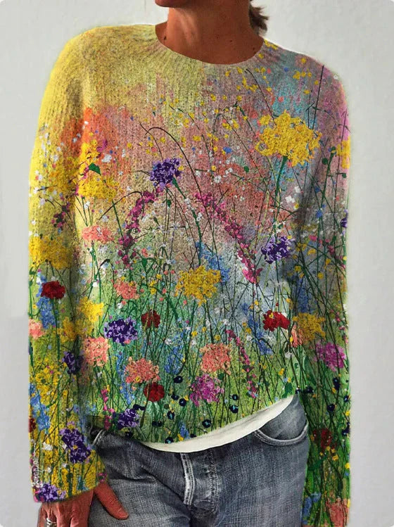 Damen Sweatshirt Wollgefühl Floral Bestickt Langarm