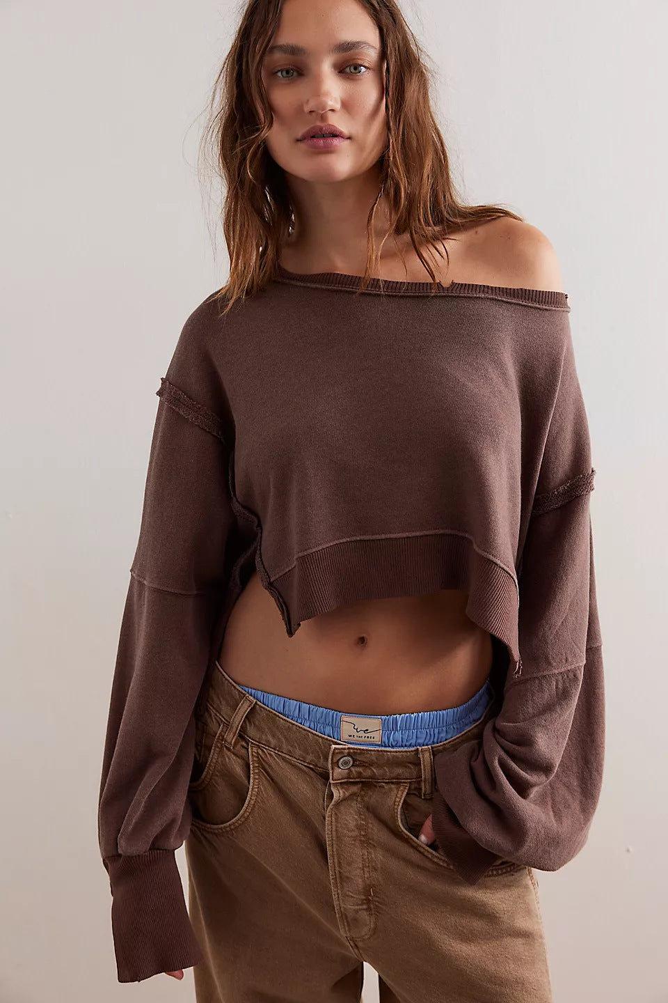 Damen Cropped Sweatpullover Weite Ärmel Grau Eveloria