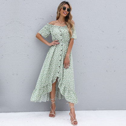 Damen Maxikleid Blumenmuster Rüschensaum Eveloria