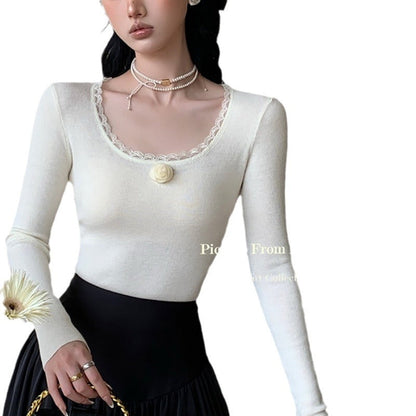 Damen Langarmshirt Spitze Blume Weiß