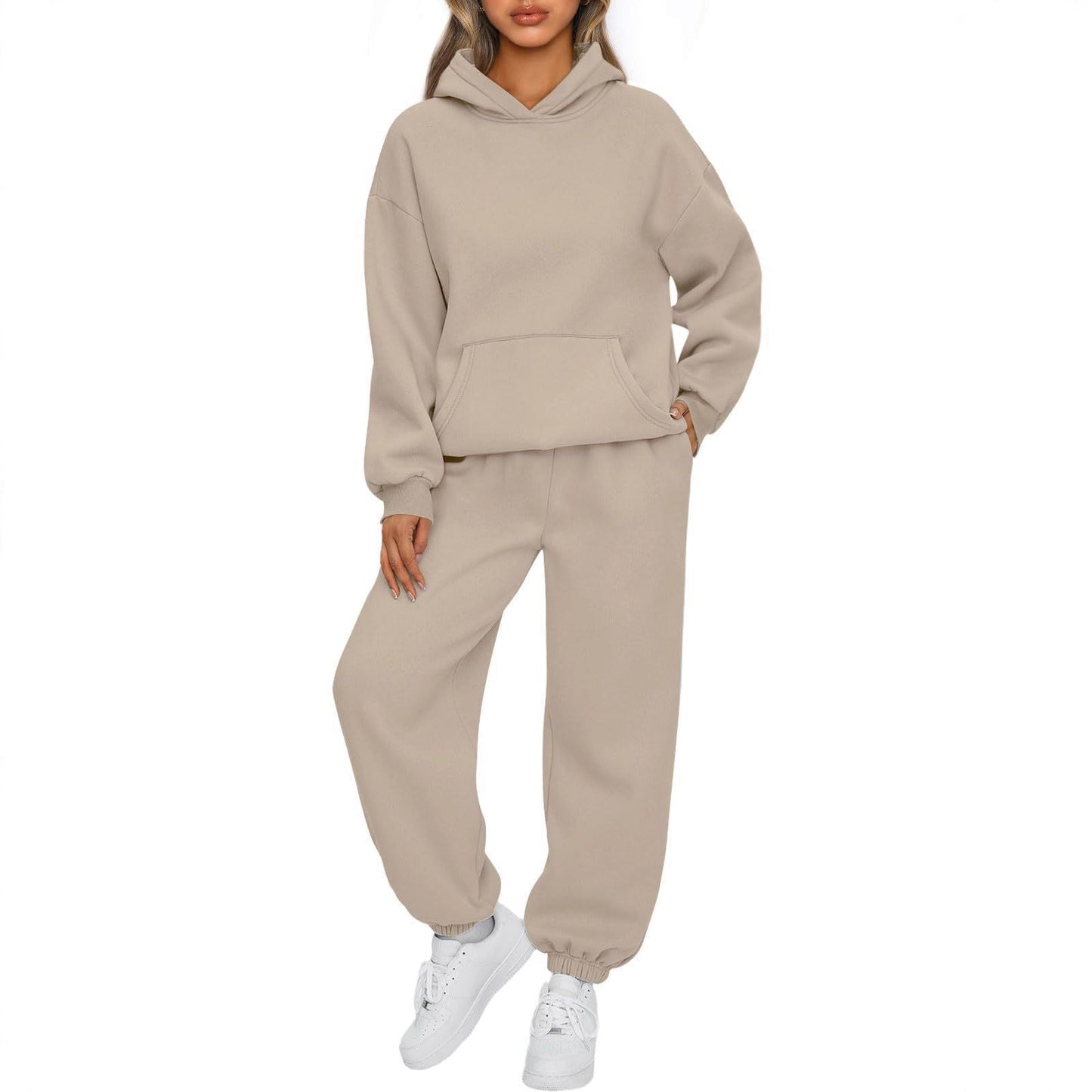 Damen Sportanzug Hoodie Jogginghosen Baumwolle Beige