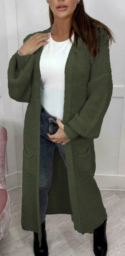 Damen Grobstrickmantel Offen Lässig Beige