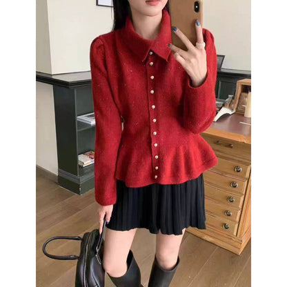 Damen Peplum-Oberteil Weiches Strickmaterial Elegante Knöpfe