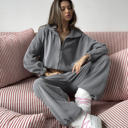Damen Sportliches Mikrofaser Set mit Reißverschluss Elastisch