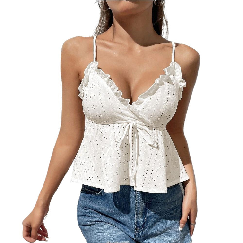Damen Spitzenbluse Rüschendetails schick Knoten Weiß
