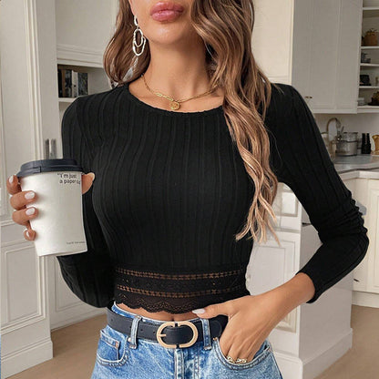 Damen Cropped Longsleeve Spitzenakzente Weiß