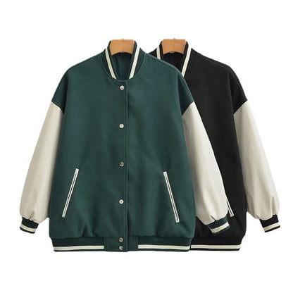 Damen Collegejacke Lässig Kontrastärmel Praktische Taschen