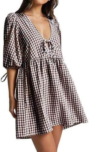 Damen Freizeitkleid V-Ausschnitt Puffärmel Eveloria