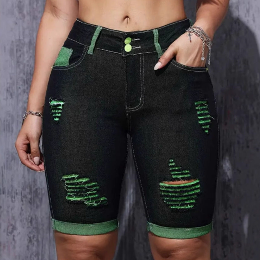 Damen Highwaist Destroyed Denim Shorts Neonfarben