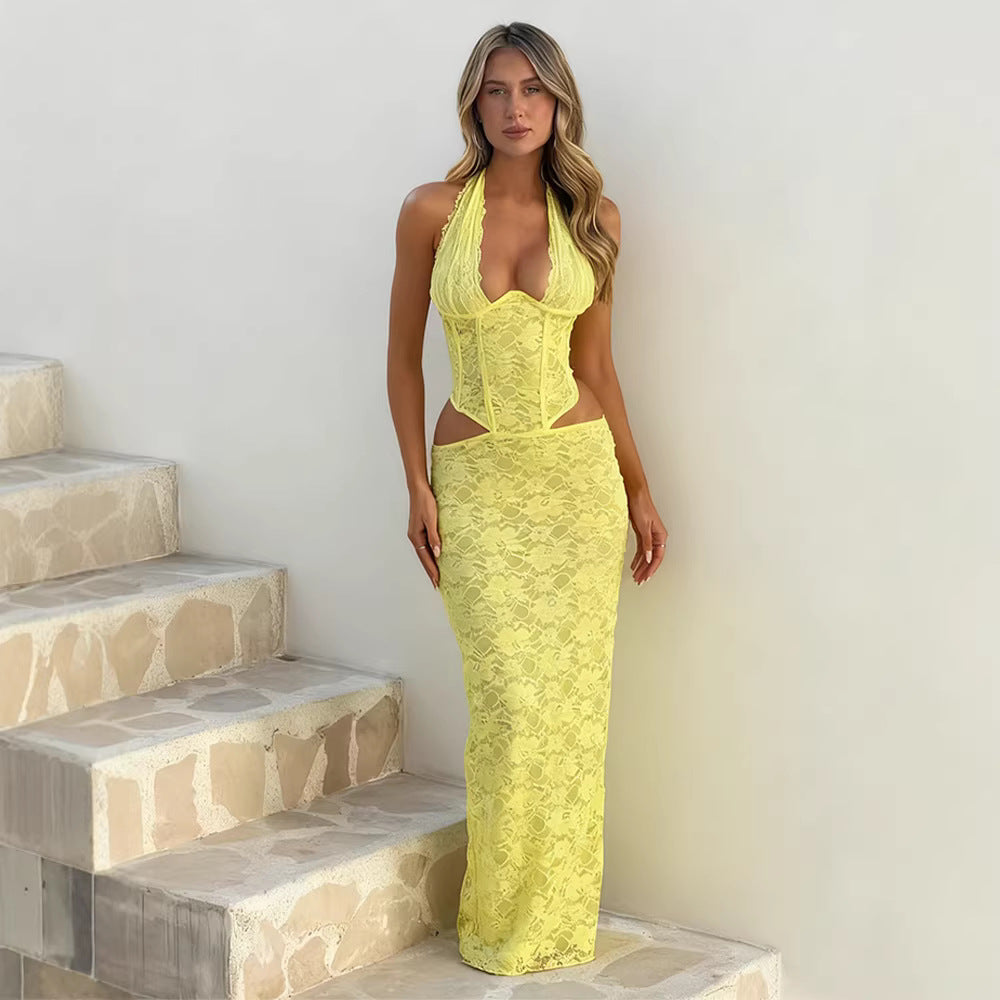 Damen Abendkleid Spitze Lang Ausschnitt