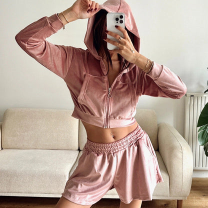 Damen Fleece-Set Cropped Hoodie Bequeme Shorts - Eveloria
