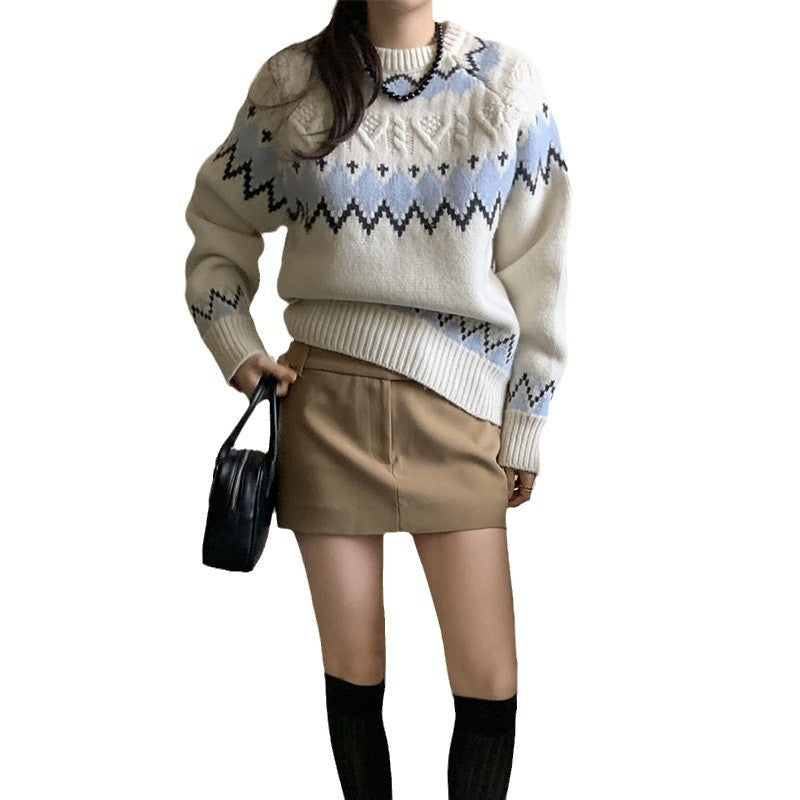 Damen Strickpullover Rundhals Gemustert Komfortschnitt
