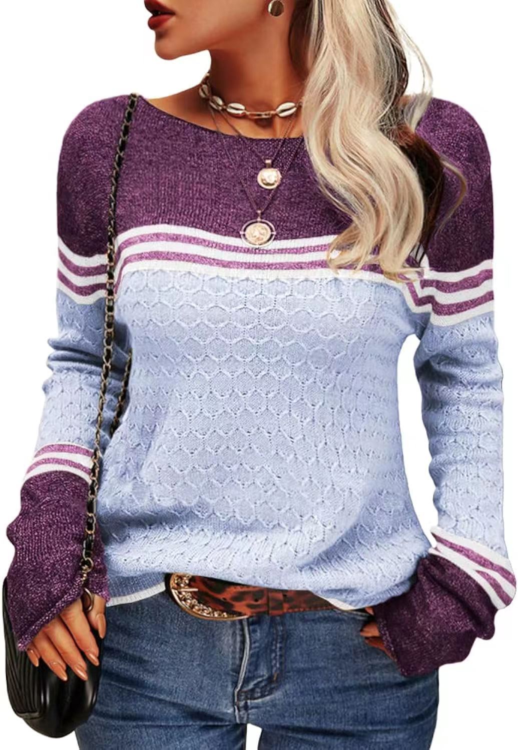 Damen Strickpullover Kontrastfarben Einzigartige Textur Grau
