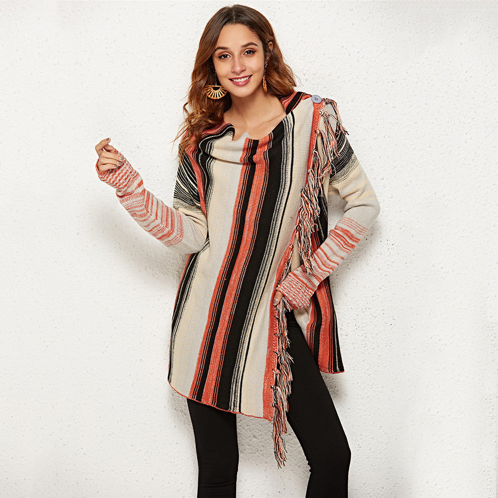 Damen Strickjacke mit Fransen und Streifenmuster - Eveloria
